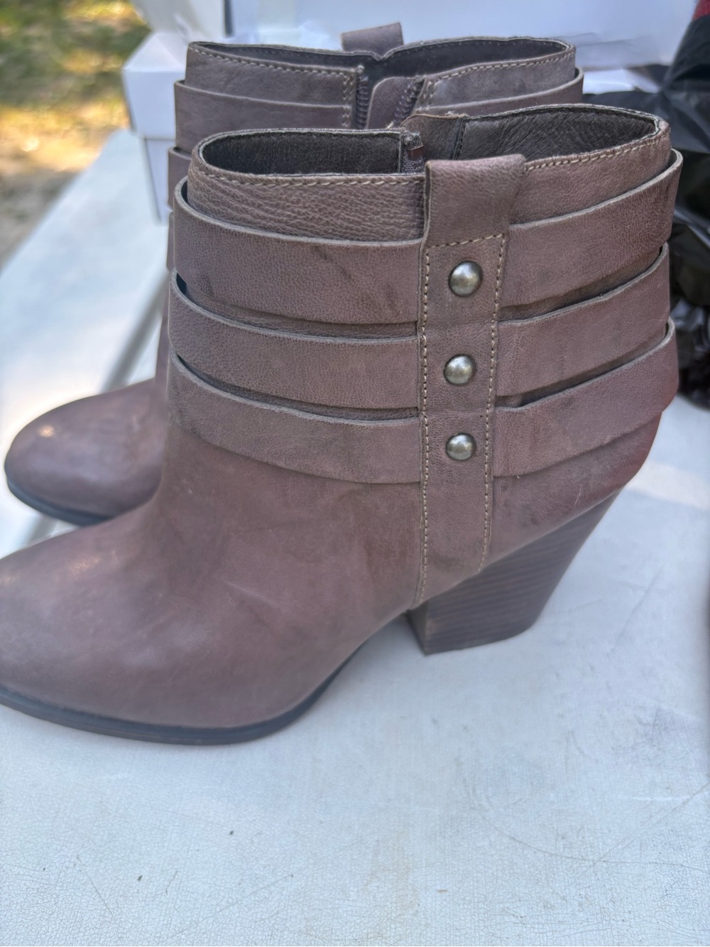 Isola Brown Strappy Ankle Booties with Stacked Heel